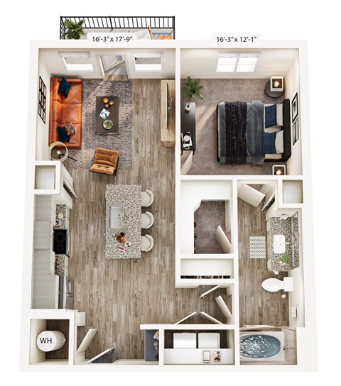 A floor plan of a small apartment with a living room, kitchen, and bathroom.